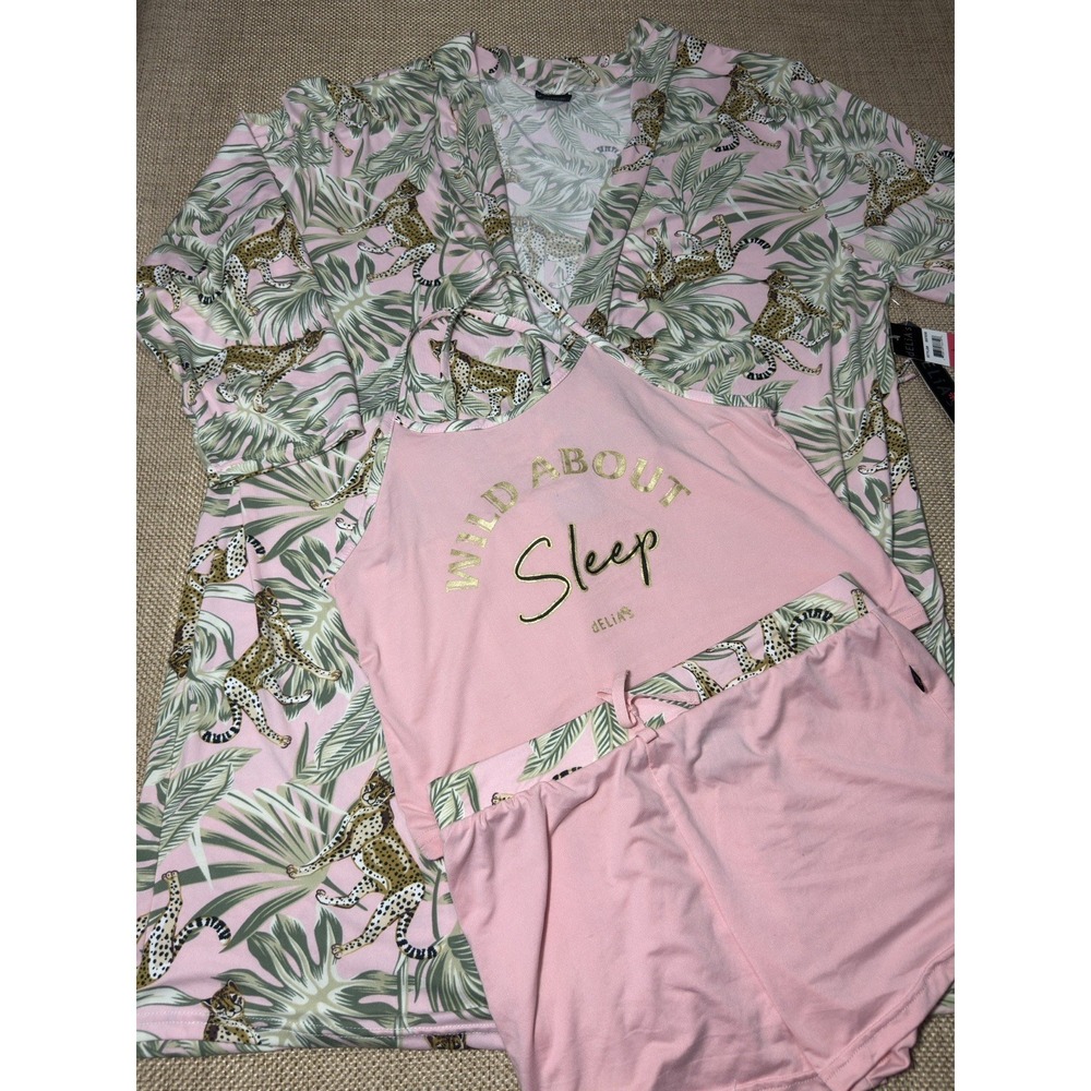 dELiA*s Lounge Set Large Tropical Leopard Pink Robe Shorts Tank Big Cat Pajamas